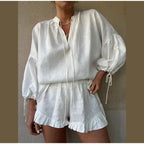Women's Solid Cotton Linen Ruffle Shorts Suit V-neck Long Sleeve Drawstring Loose 2 Pieces Set
