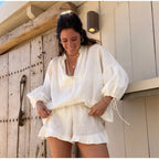 Women's Solid Cotton Linen Ruffle Shorts Suit V-neck Long Sleeve Drawstring Loose 2 Pieces Set