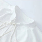 Women's Solid Cotton Linen Ruffle Shorts Suit V-neck Long Sleeve Drawstring Loose 2 Pieces Set
