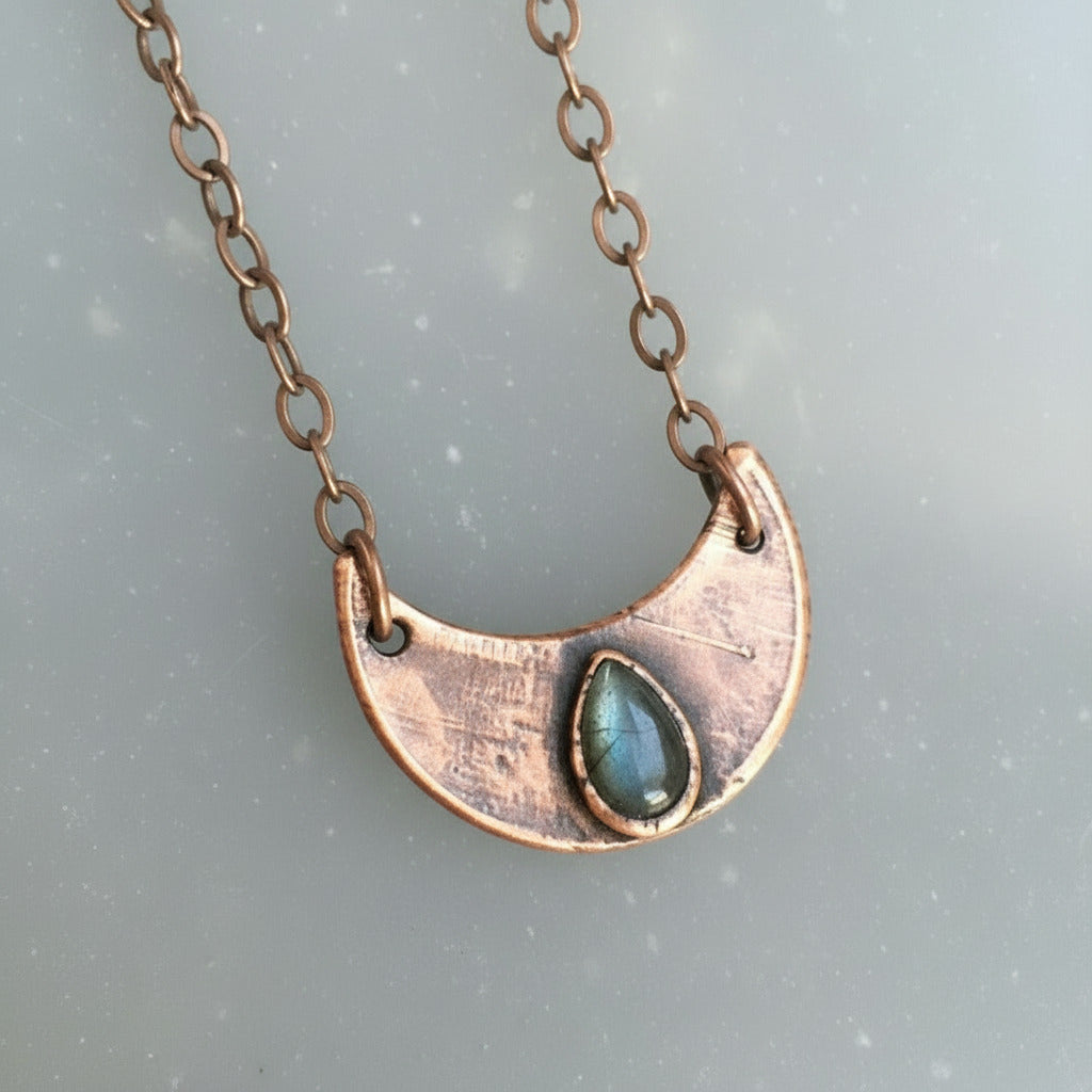 Labradorite Crescent Moon Necklace - Copper Jewelry For Protection And Clarity
